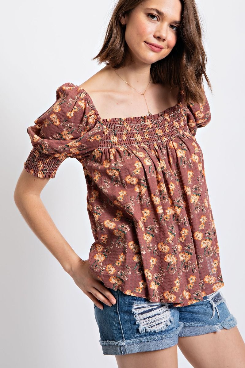 Easel Floral Print Smocked Cuffs Square Neck Cotton Gauze Pleated Top - Roulhac Fashion Boutique