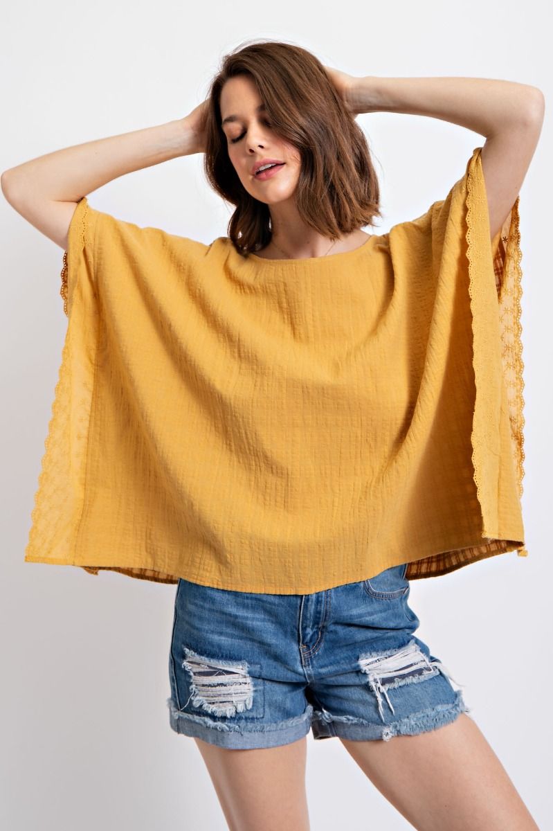 Easel Loose Fit Poncho Style Boat Neck Lightweight Crochet Trim Top - Roulhac Fashion Boutique