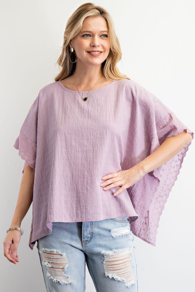 Easel Loose Fit Poncho Style Boat Neck Lightweight Crochet Trim Top - Roulhac Fashion Boutique