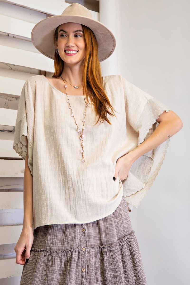 Easel Loose Fit Poncho Style Boat Neck Lightweight Crochet Trim Top