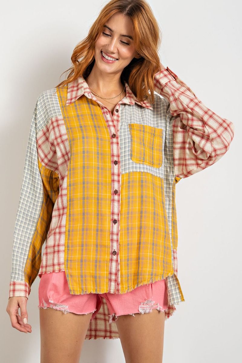 Easel Mix N Match Plaid Curved Hi Low Bottom Hem Chest Shirt Top