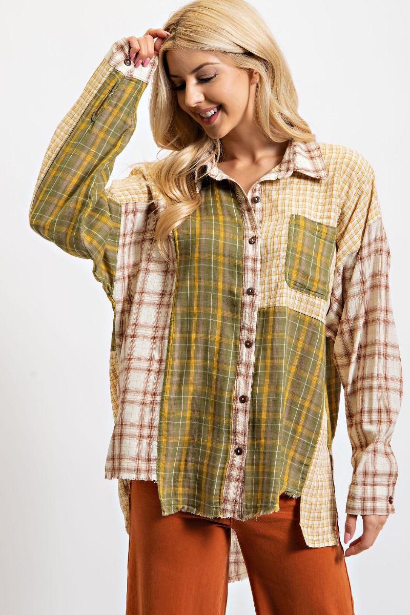 Easel Mix N Match Plaid Curved Hi Low Bottom Hem Chest Shirt Top - Roulhac Fashion Boutique