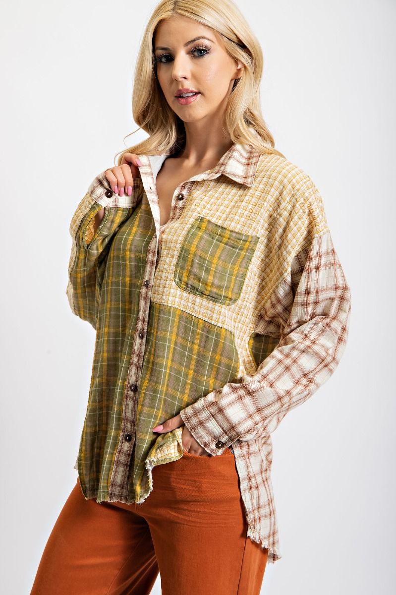 Easel Mix N Match Plaid Curved Hi Low Bottom Hem Chest Shirt Top - Roulhac Fashion Boutique