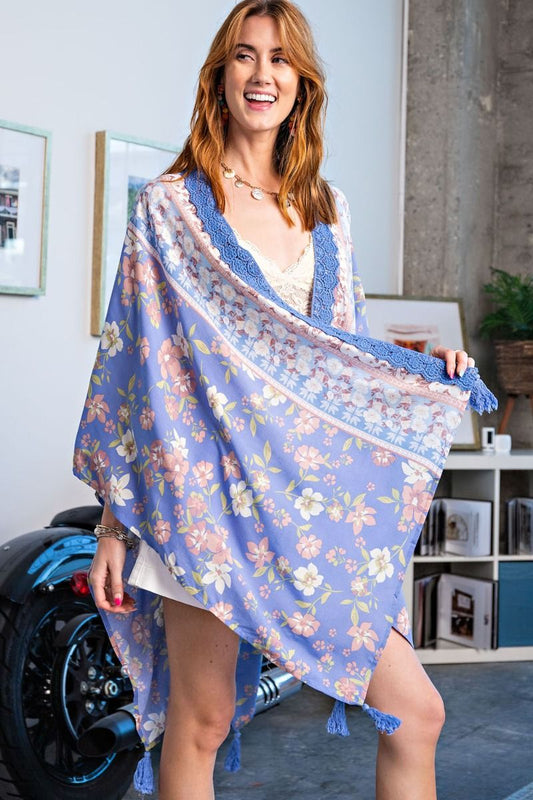 Easel Floral Printed Open Front Wide Sleeves Rayon Challie Duster Tape - Roulhac Fashion Boutique