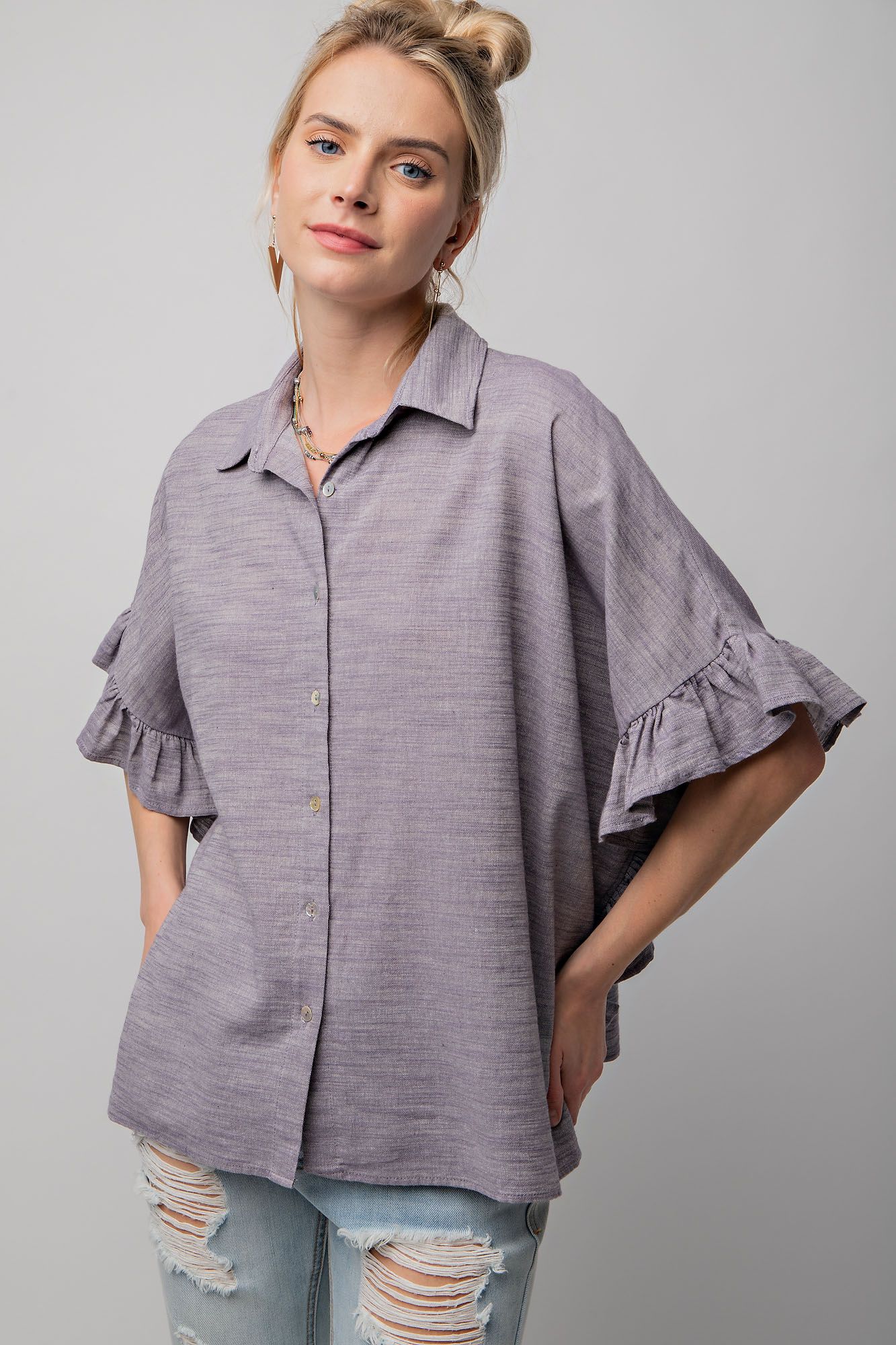 Easel Melange Cotton Linen Collared Neck Button Down Oversized Top - Roulhac Fashion Boutique