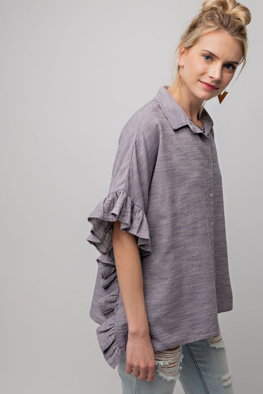 Easel Melange Cotton Linen Collared Neck Button Down Oversized Top - Roulhac Fashion Boutique