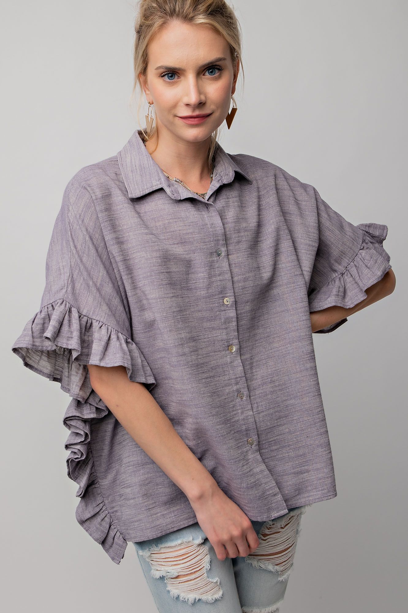 Easel Melange Cotton Linen Collared Neck Button Down Oversized Top - Roulhac Fashion Boutique