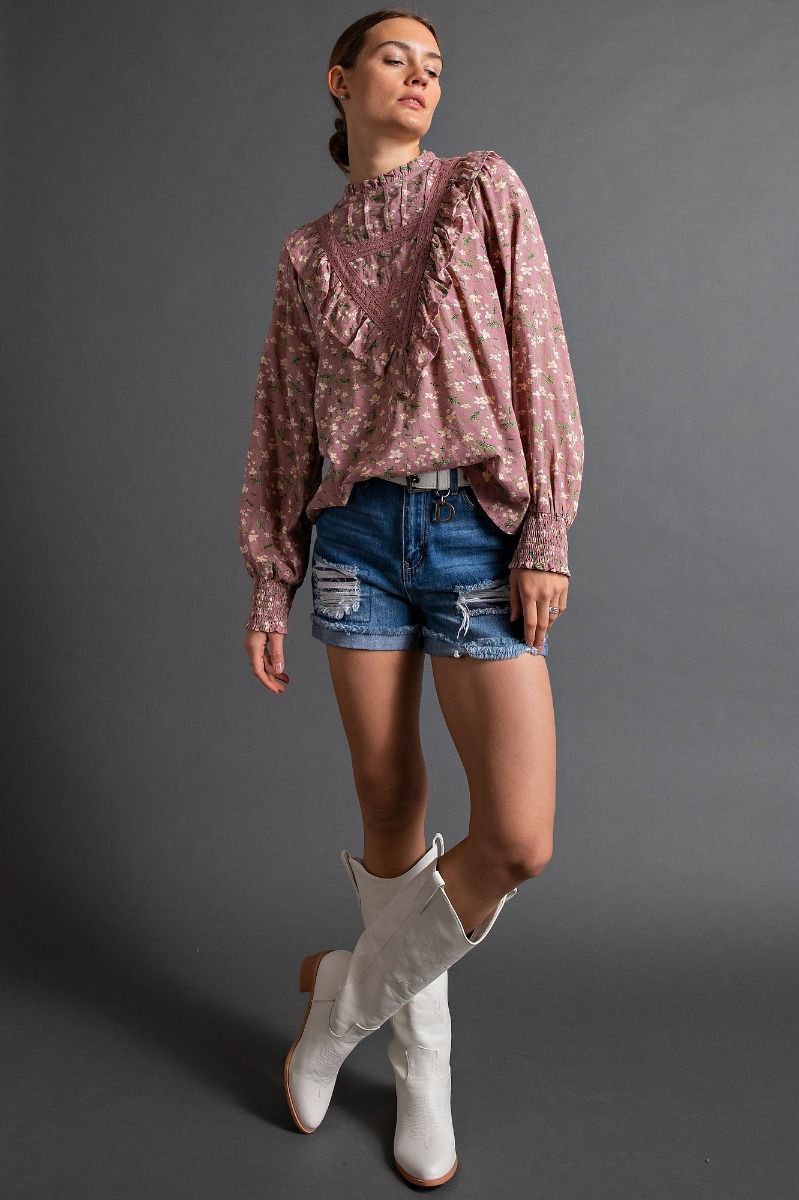 Easel Floral Printed Cotton Voile Mock Neck Smocked Cuffs Keyhole Top - Roulhac Fashion Boutique