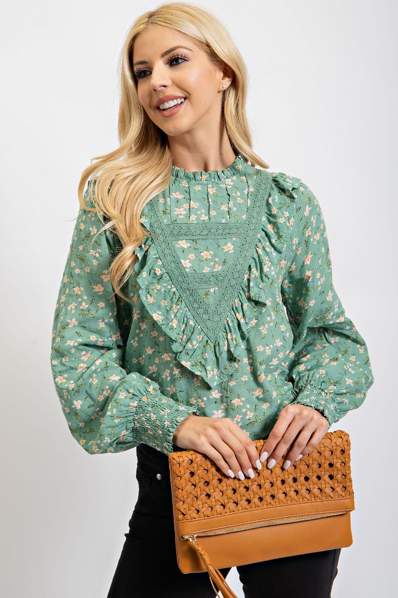 Easel Floral Printed Cotton Voile Mock Neck Smocked Cuffs Keyhole Top - Roulhac Fashion Boutique