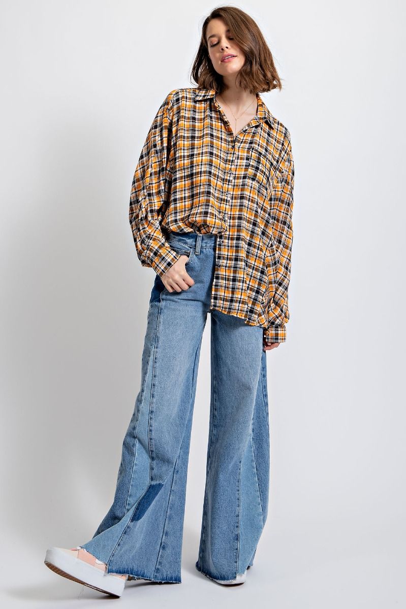 Easel Plaid Button Down Front Chest Patch Pocket Loose Fit Shirt - Roulhac Fashion Boutique