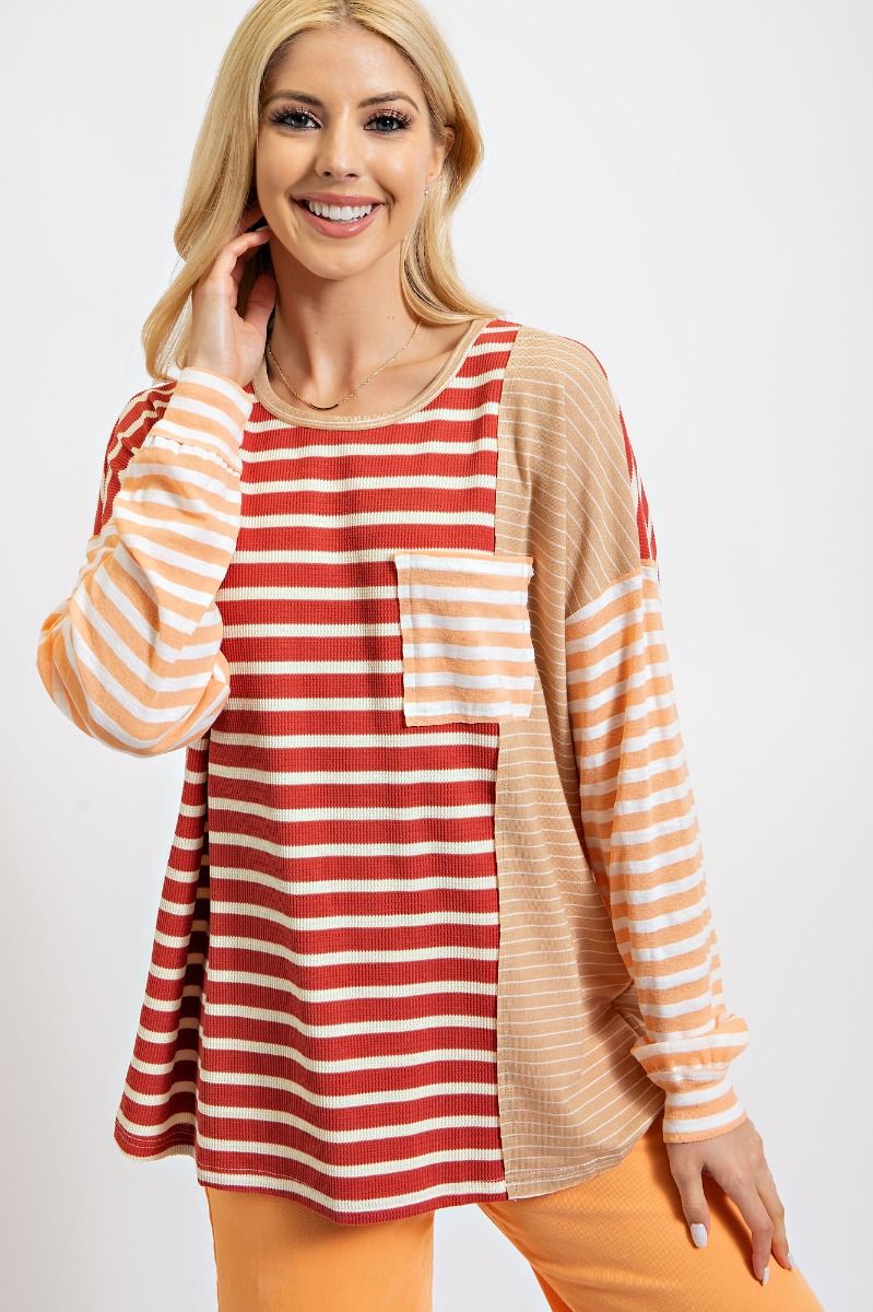 Easel Striped Mix Round Neck Allover Striped Color Blocked Loose Fit Top - Roulhac Fashion Boutique