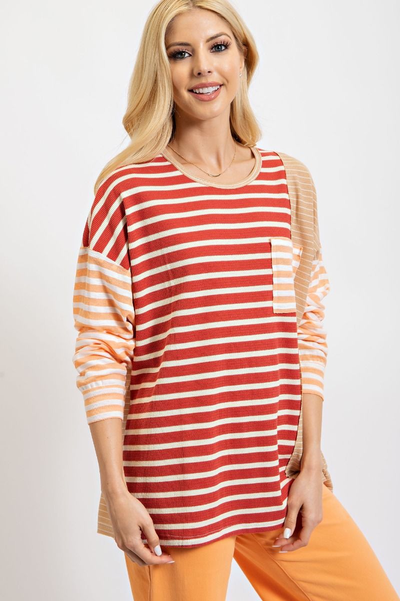 Easel Striped Mix Round Neck Allover Striped Color Blocked Loose Fit Top - Roulhac Fashion Boutique