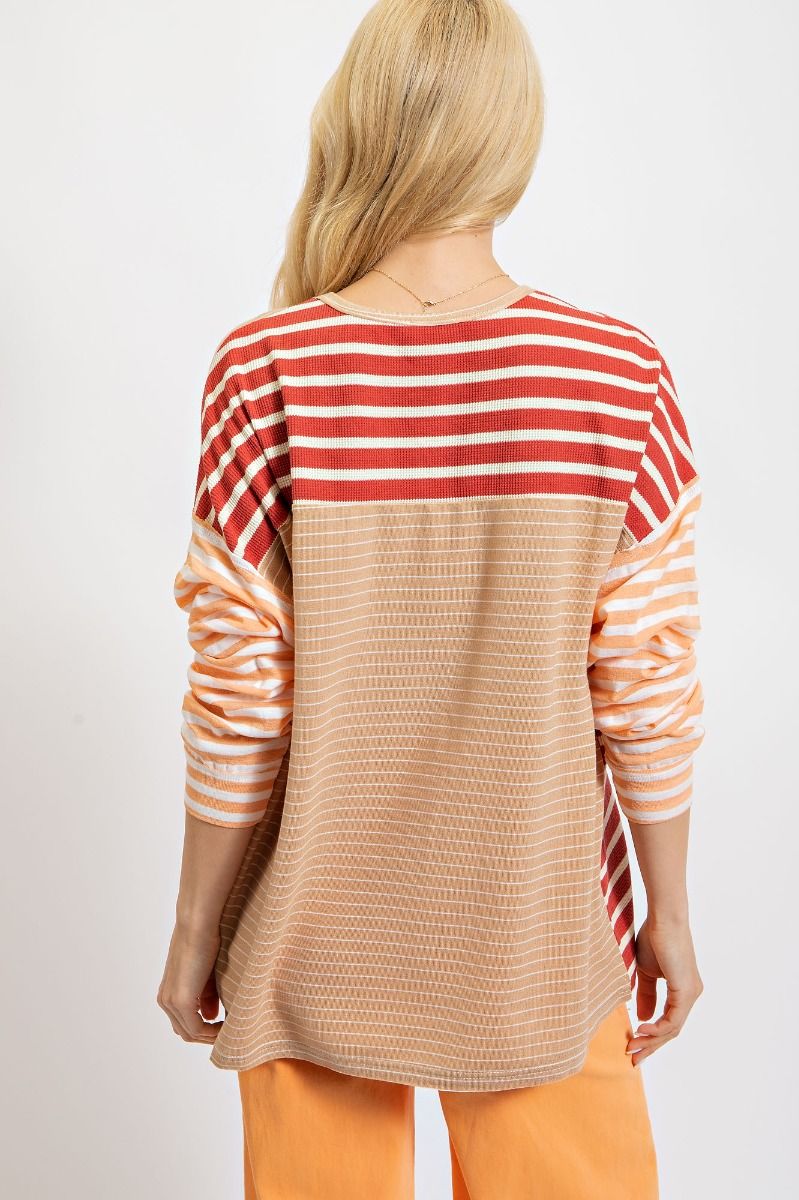 Easel Striped Mix Round Neck Allover Striped Color Blocked Loose Fit Top