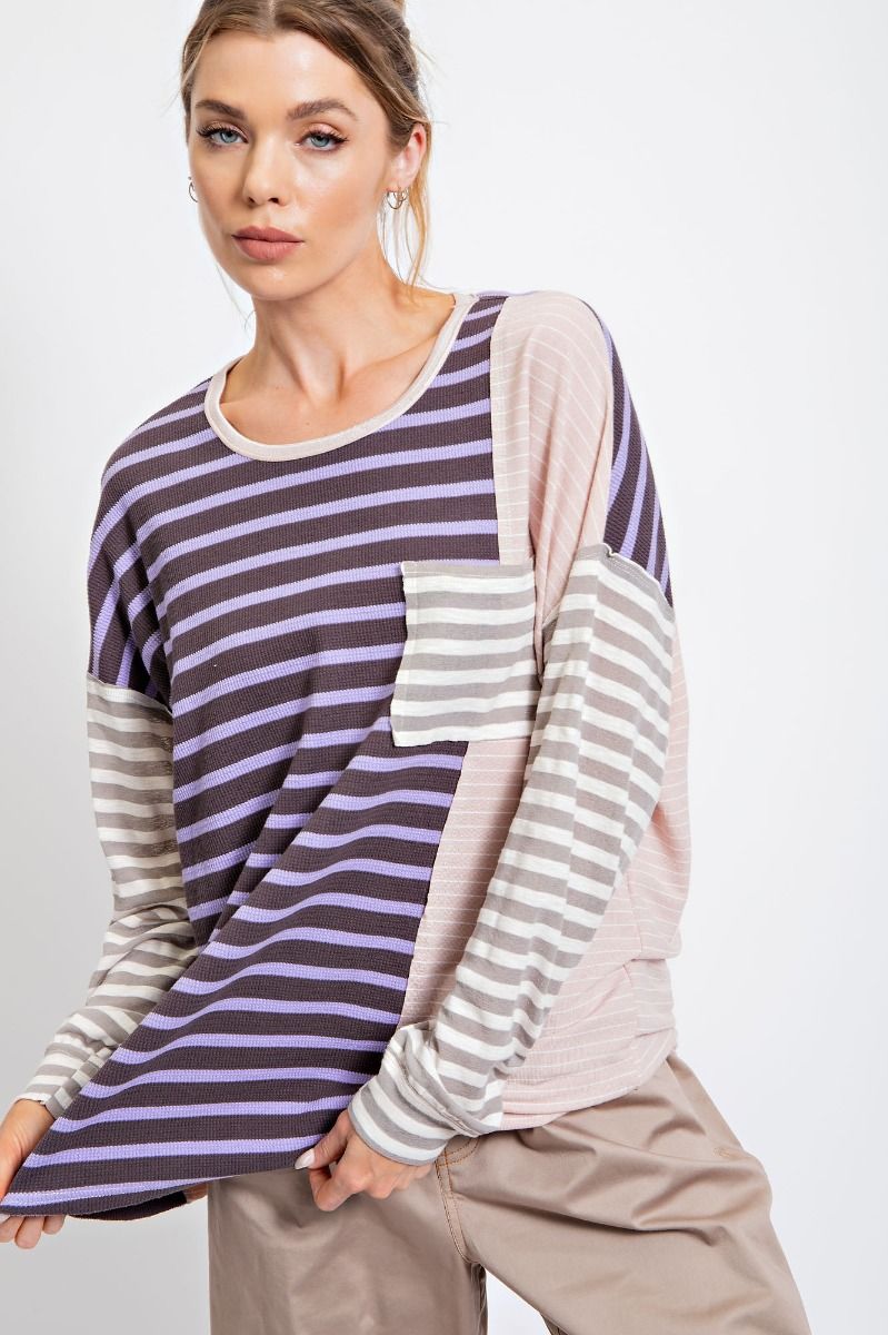 Easel Striped Mix Round Neck Allover Striped Color Blocked Loose Fit Top - Roulhac Fashion Boutique