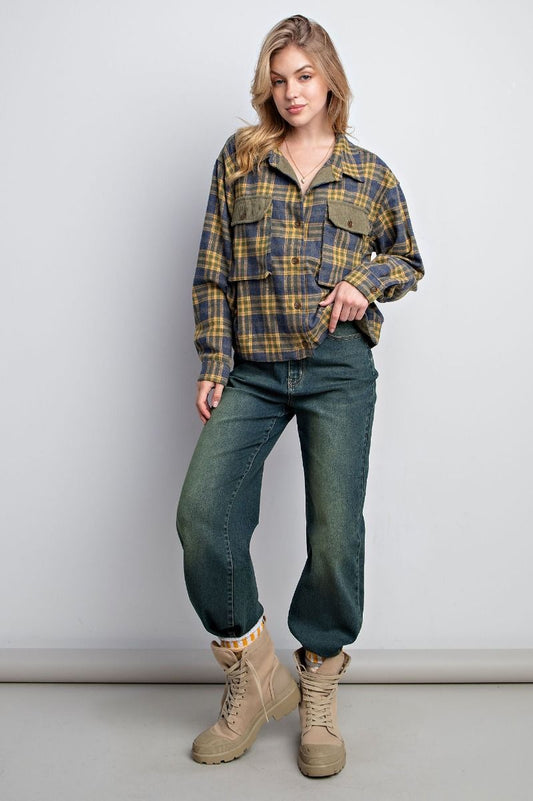 Easel Plaid Printed Chest Flap Pockets Crop Button Down Front Shirt - Roulhac Fashion Boutique