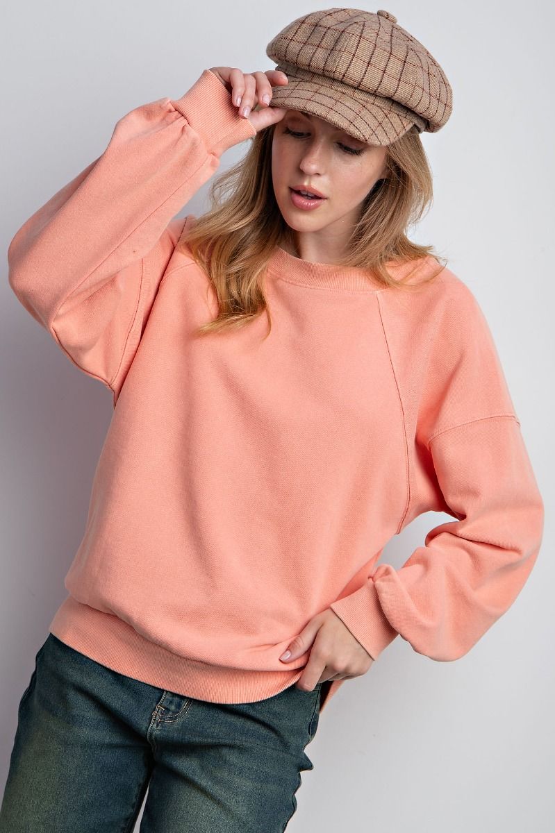 Easel Mineral Washed Rounded Neckline Loose Fit Terry Knit Pullover - Roulhac Fashion Boutique