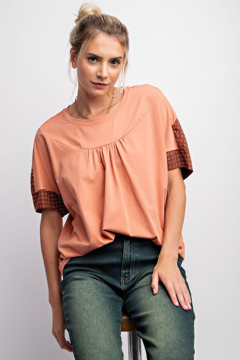 Easel Cotton Jersey Rounded Neck Slightly Pleated Boxy Loose Fit Top - Roulhac Fashion Boutique