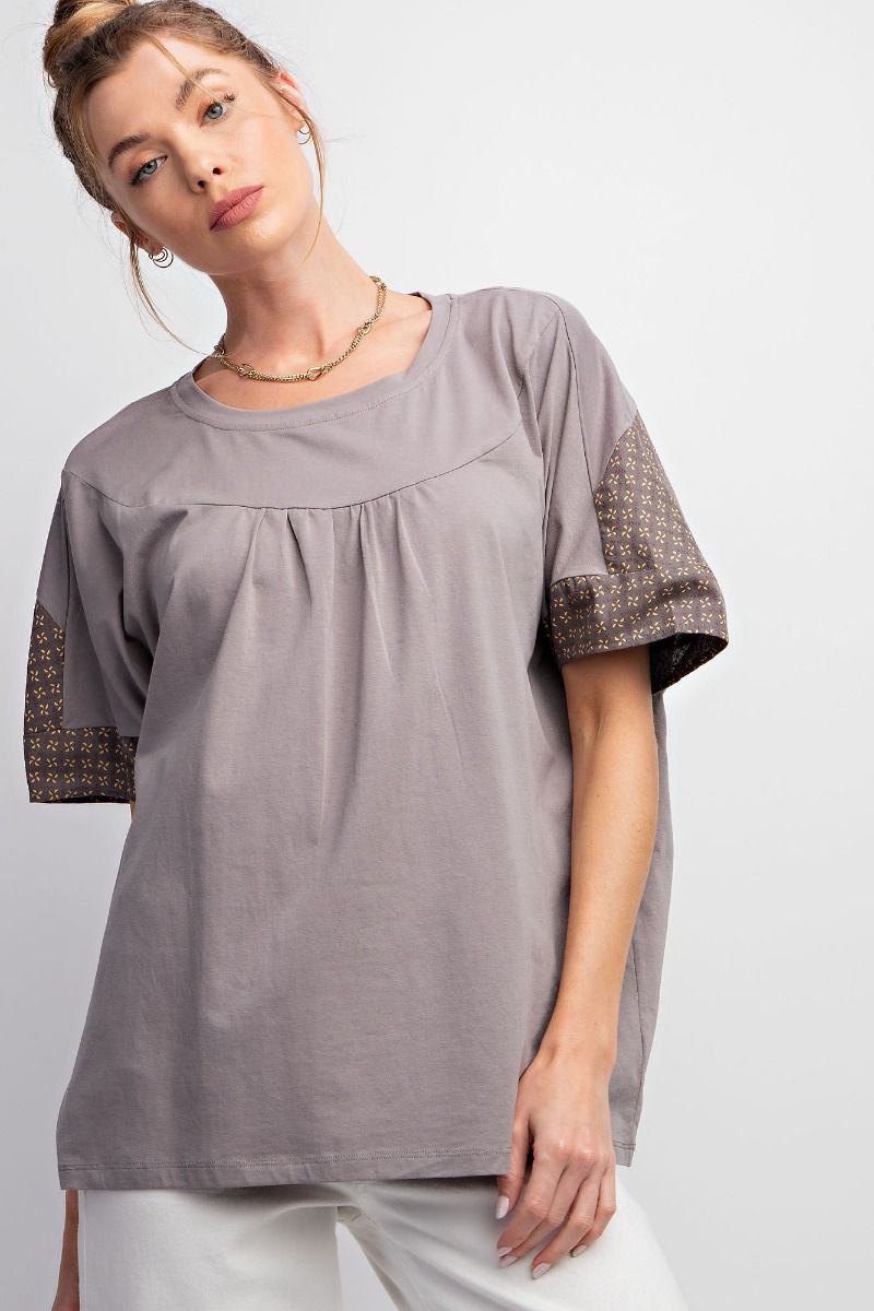 Easel Cotton Jersey Rounded Neck Slightly Pleated Boxy Loose Fit Top - Roulhac Fashion Boutique