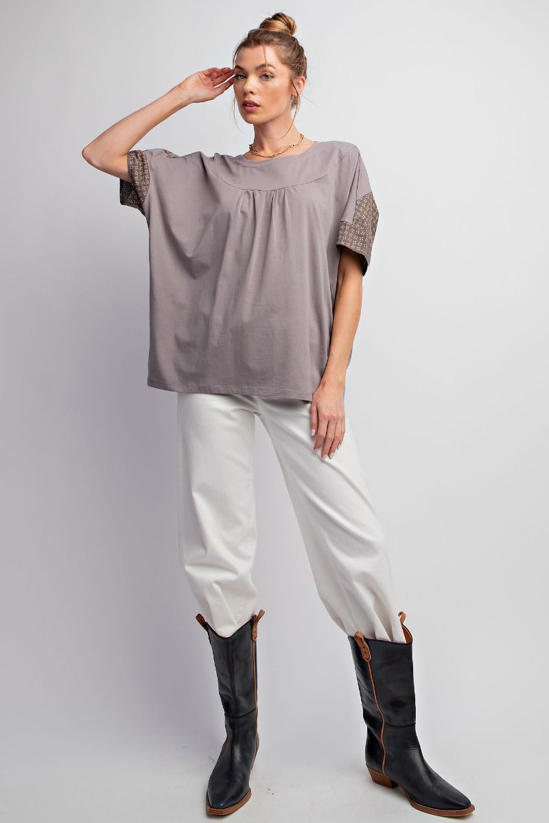 Easel Cotton Jersey Rounded Neck Slightly Pleated Boxy Loose Fit Top - Roulhac Fashion Boutique