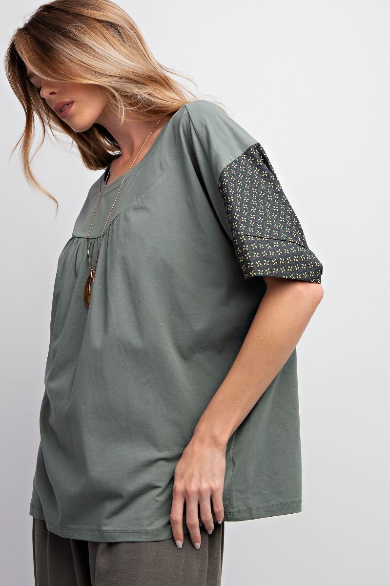 Easel Cotton Jersey Rounded Neck Slightly Pleated Boxy Loose Fit Top