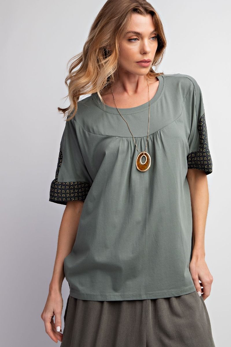 Easel Cotton Jersey Rounded Neck Slightly Pleated Boxy Loose Fit Top