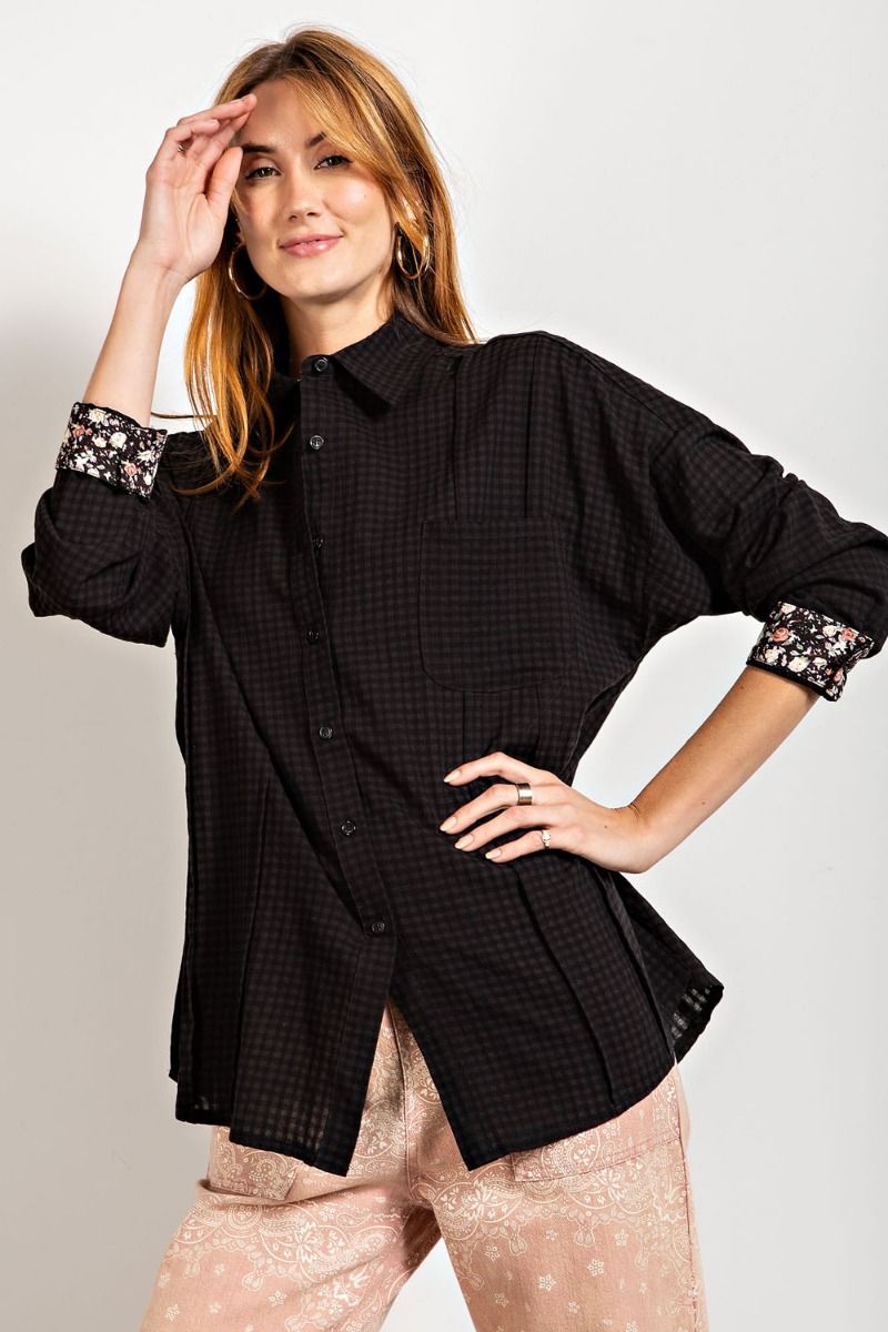 Easel Gingham Printed Button Down Loose Fit Chest Patch Pocket Shirt - Roulhac Fashion Boutique