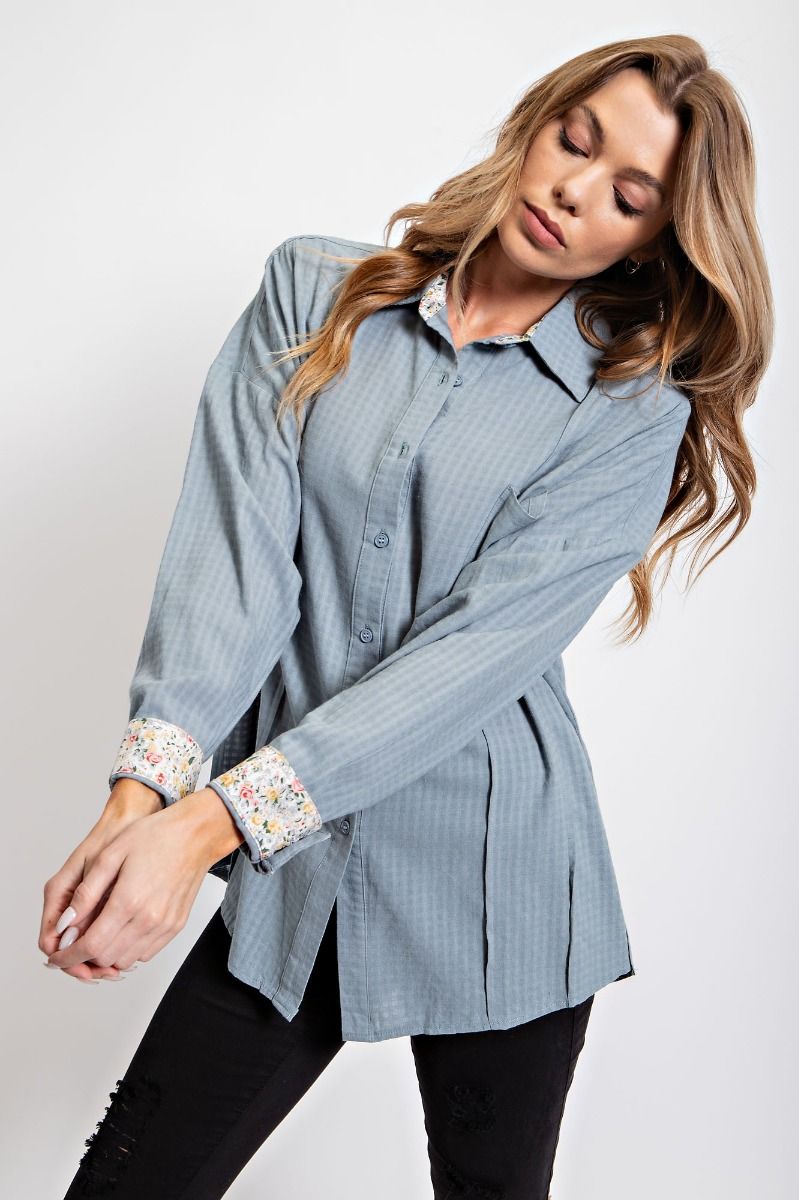 Easel Gingham Printed Button Down Loose Fit Chest Patch Pocket Shirt