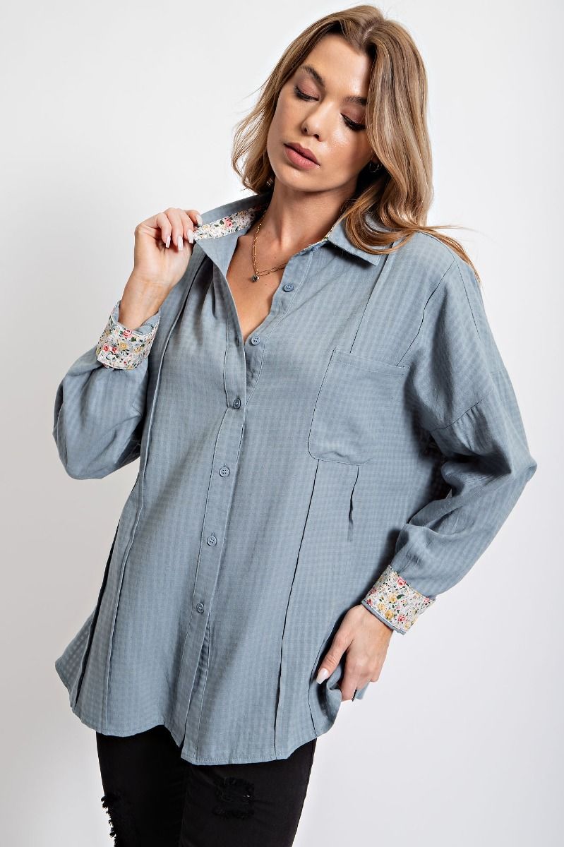 Easel Gingham Printed Button Down Loose Fit Chest Patch Pocket Shirt