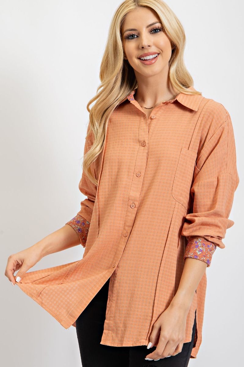 Easel Gingham Printed Button Down Loose Fit Chest Patch Pocket Shirt - Roulhac Fashion Boutique