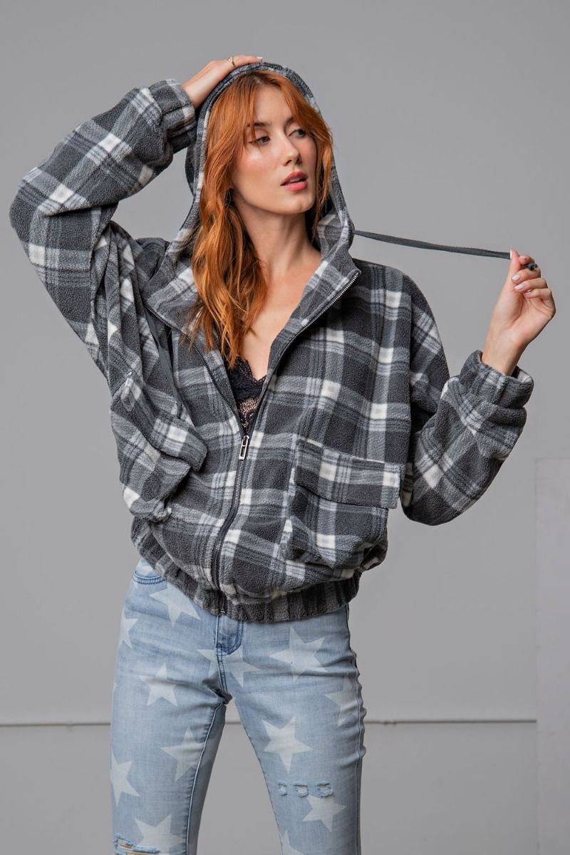 Easel Plaid Fleece Flap Pocket Zip Up Front Loose Fit Relaxed Hoodie Jacket