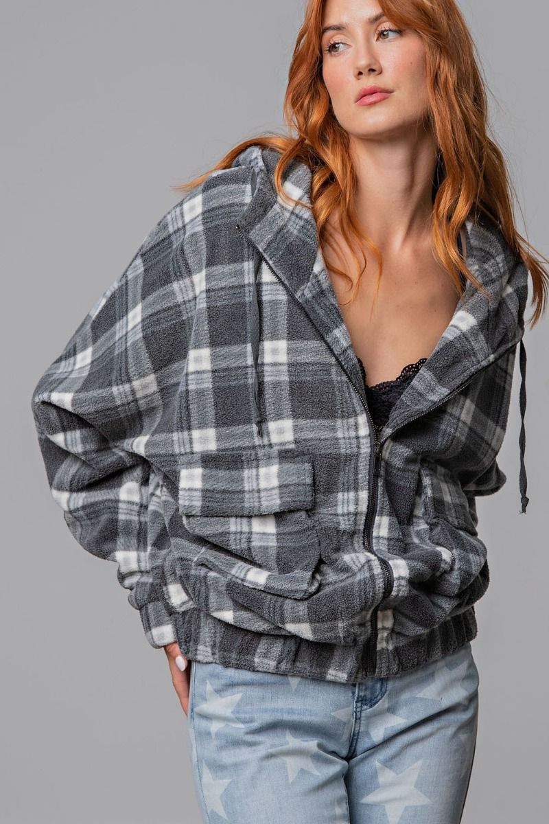 Easel Plaid Fleece Flap Pocket Zip Up Front Loose Fit Relaxed Hoodie Jacket
