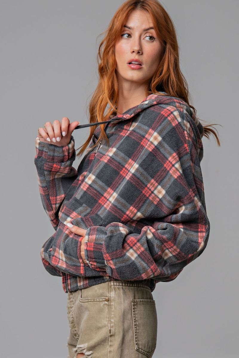 Easel Plaid Fleece Flap Pocket Zip Up Front Loose Fit Relaxed Hoodie Jacket - Roulhac Fashion Boutique