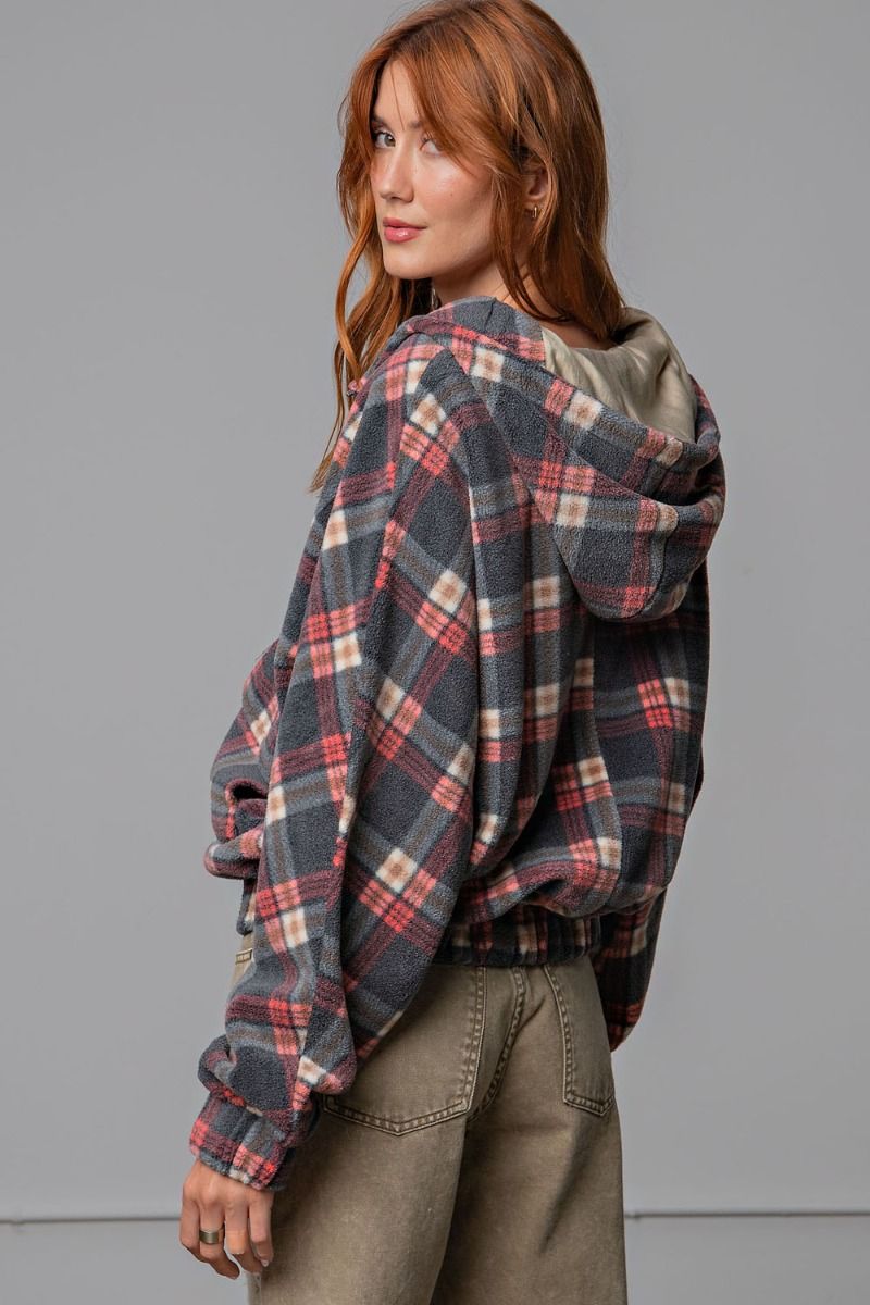Easel Plaid Fleece Flap Pocket Zip Up Front Loose Fit Relaxed Hoodie Jacket - Roulhac Fashion Boutique