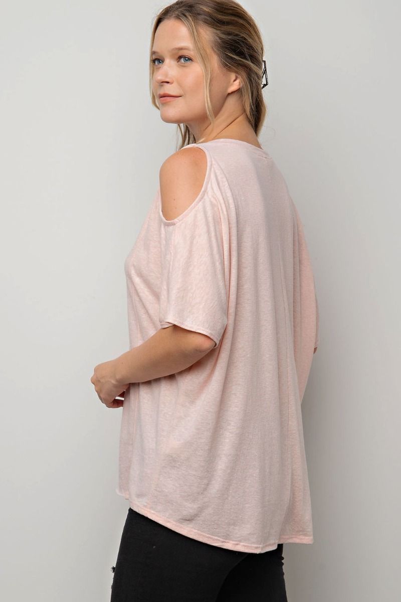 Easel Cold Shoulder Cotton Slub Rounded Neck Boxy Slits Tunic Top