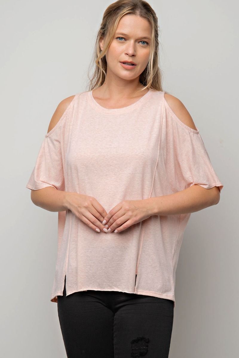 Easel Cold Shoulder Cotton Slub Rounded Neck Boxy Slits Tunic Top