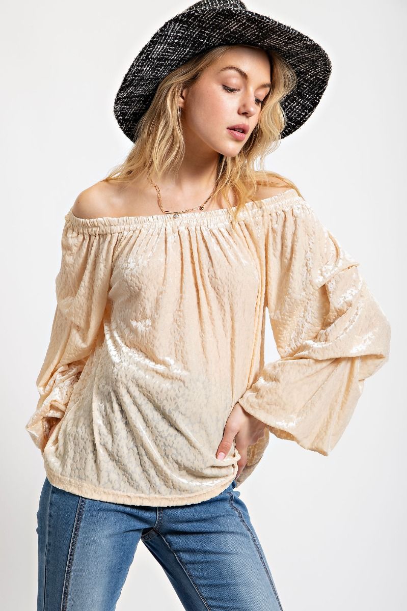 Easel Burnout Velvet Off Shoulder Elasticized Neck Slouchy Fit Top - Roulhac Fashion Boutique