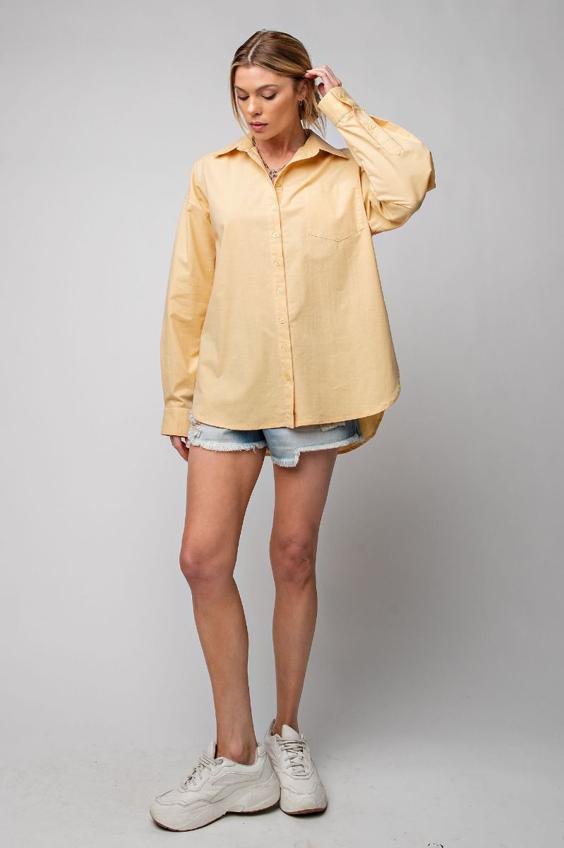 Easel Collared Neck Buttoned Cuffs Loose Fit Rounded Bottom Hem Shirt - Roulhac Fashion Boutique