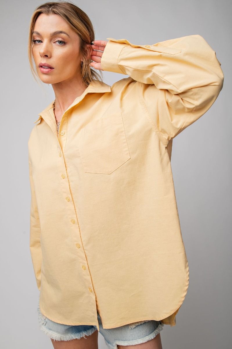 Easel Collared Neck Buttoned Cuffs Loose Fit Rounded Bottom Hem Shirt - Roulhac Fashion Boutique