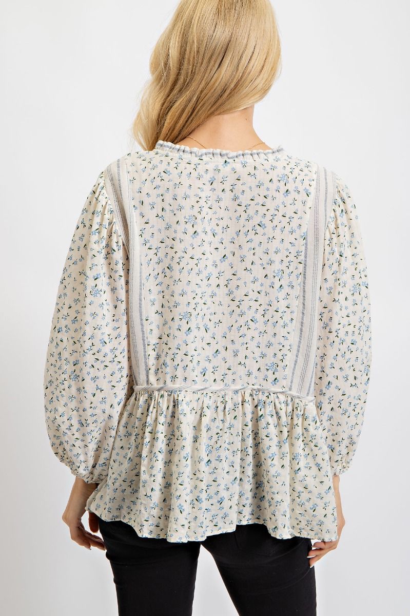 Easel Floral Printed Cotton Gauze Bubble Sleeves Ruffled Loose Fit Tunic - Roulhac Fashion Boutique