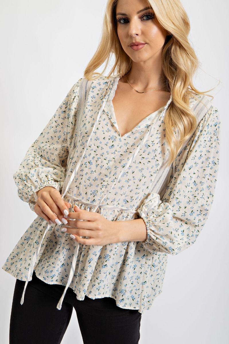 Easel Floral Printed Cotton Gauze Bubble Sleeves Ruffled Loose Fit Tunic - Roulhac Fashion Boutique