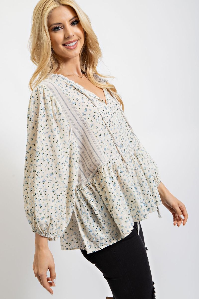Easel Floral Printed Cotton Gauze Bubble Sleeves Ruffled Loose Fit Tunic - Roulhac Fashion Boutique