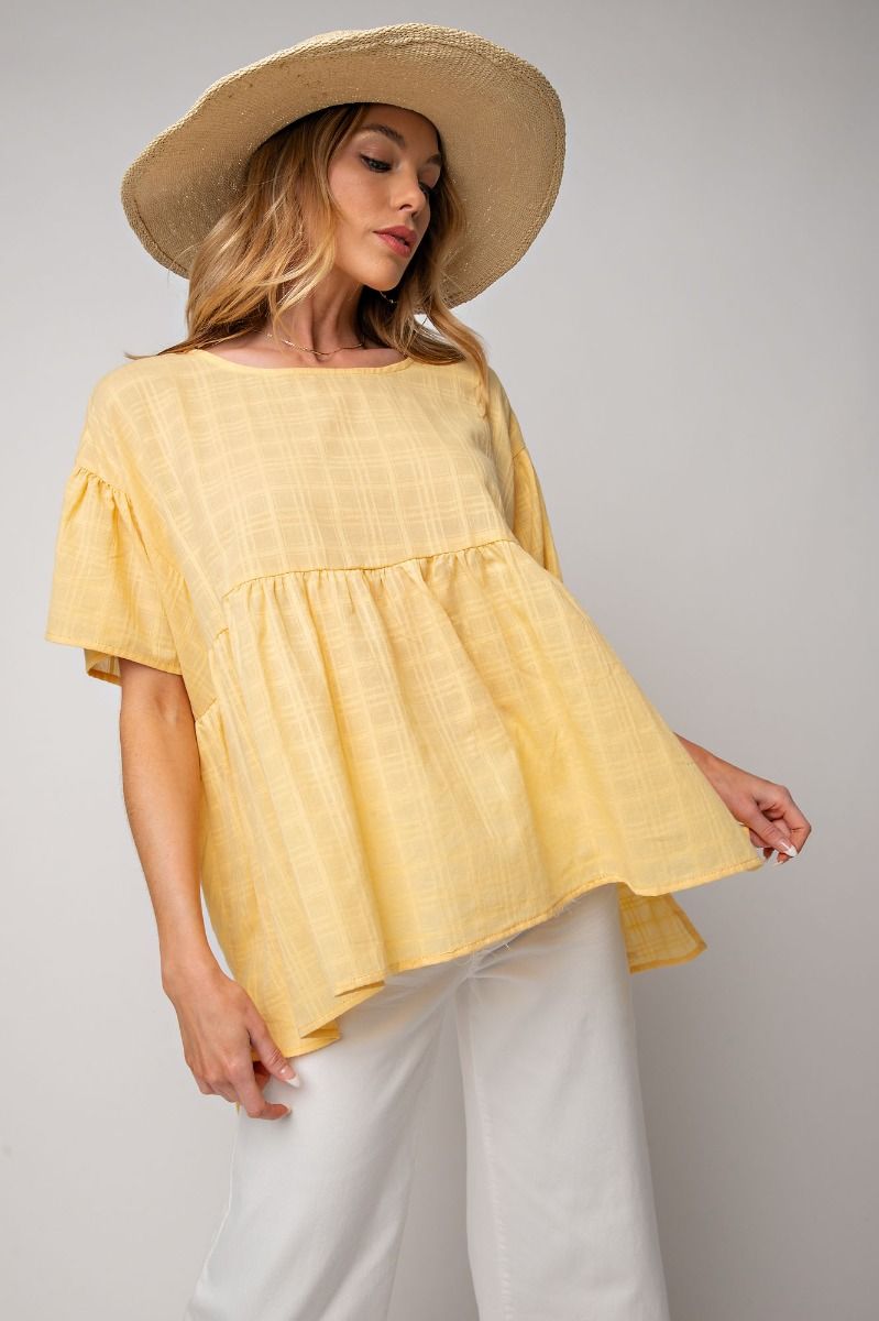Easel Textured Cotton Voile Side Slits Babydoll Keyhole Tunic Top - Roulhac Fashion Boutique