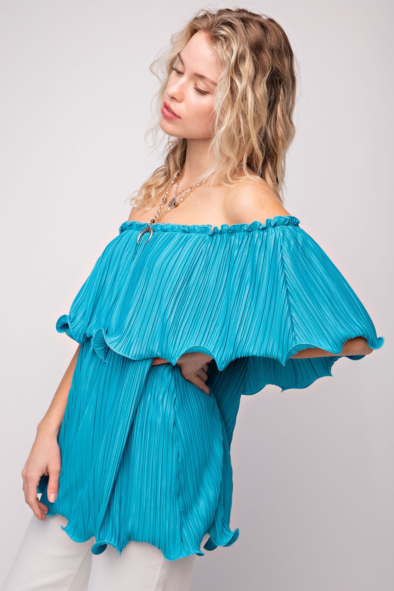 Easel Satin Pleated Off The Shoulder Layered Split Detail Tunic Top