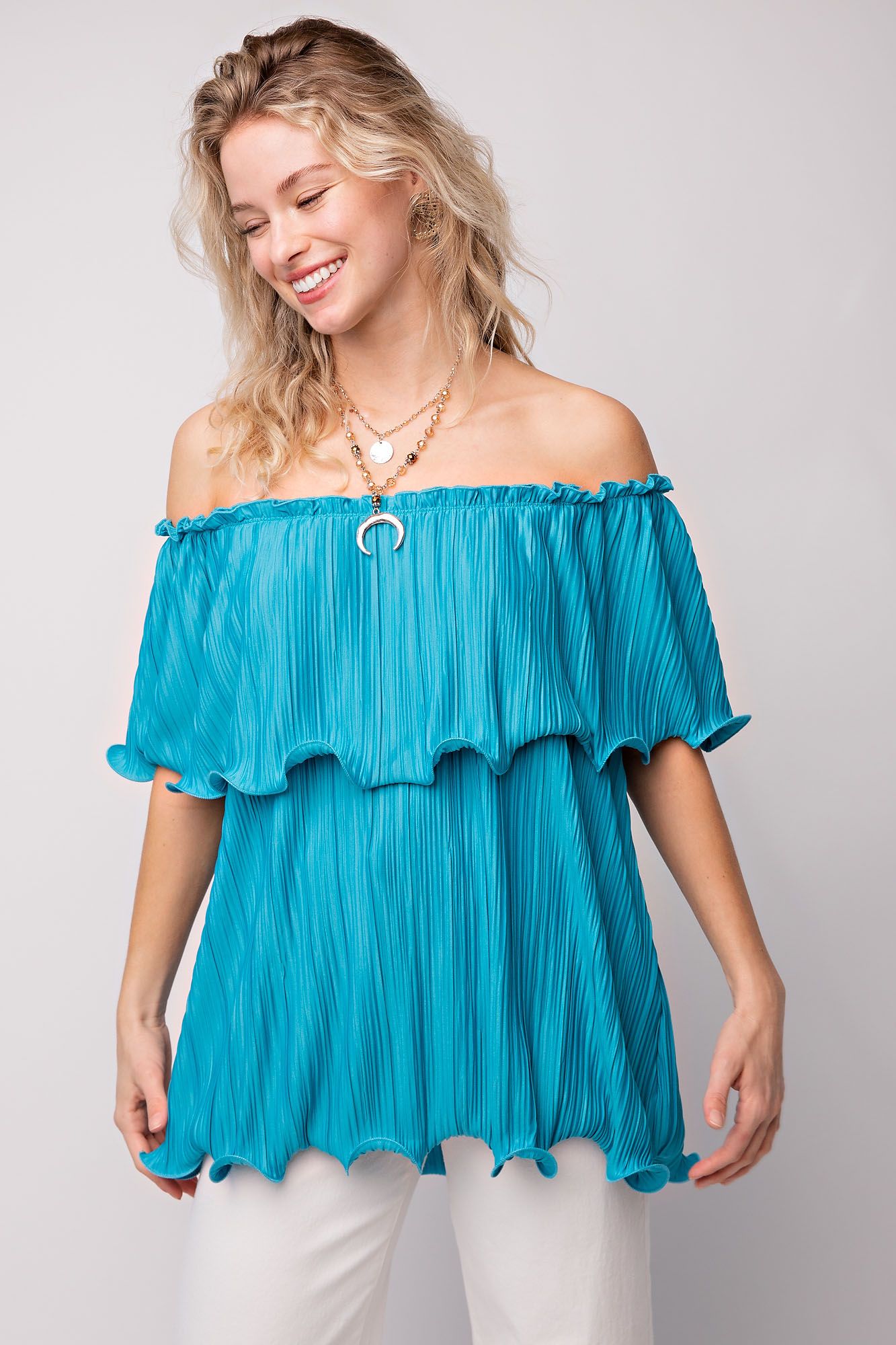 Easel Satin Pleated Off The Shoulder Layered Split Detail Tunic Top