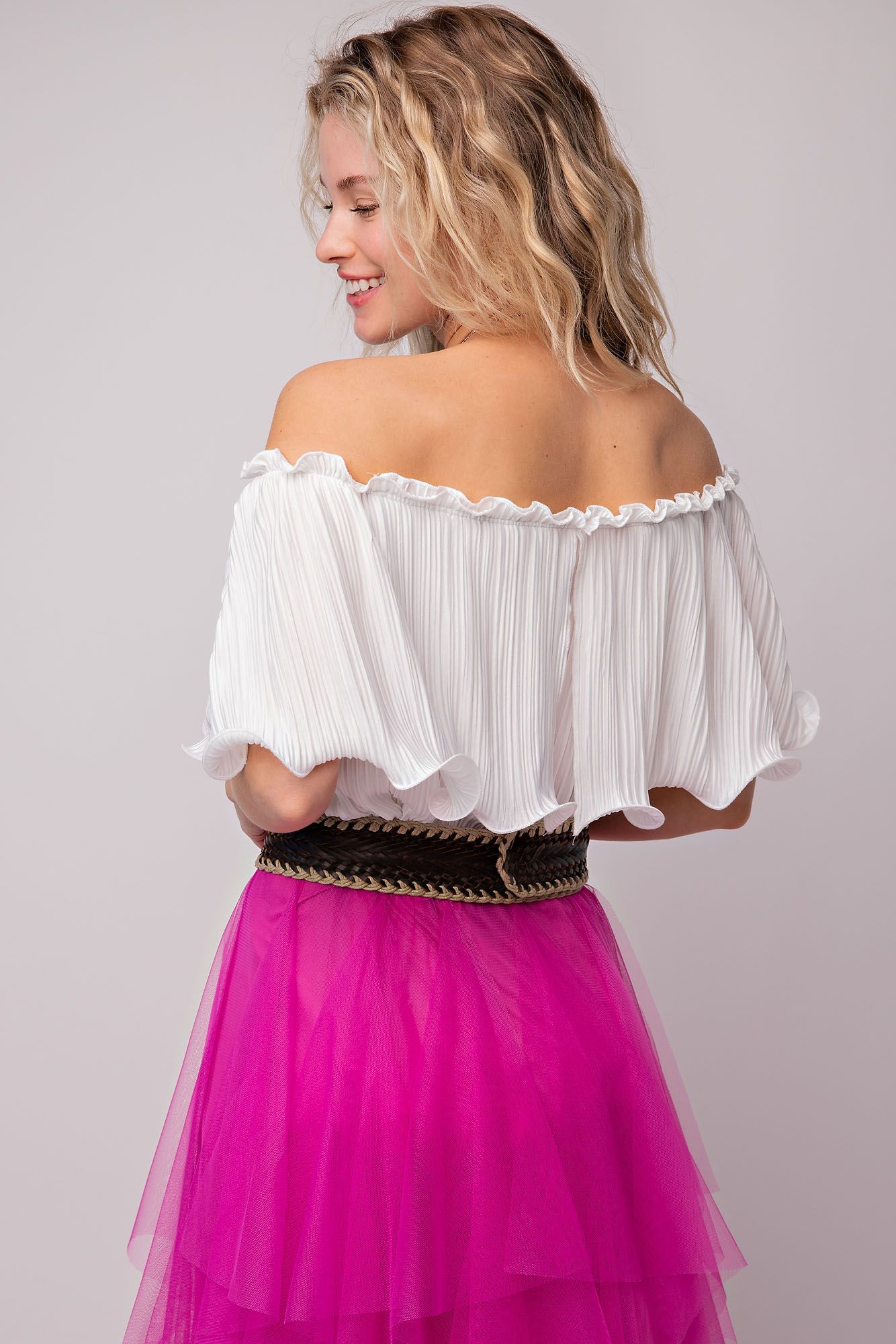 Easel Satin Pleated Off The Shoulder Layered Split Detail Tunic Top - Roulhac Fashion Boutique