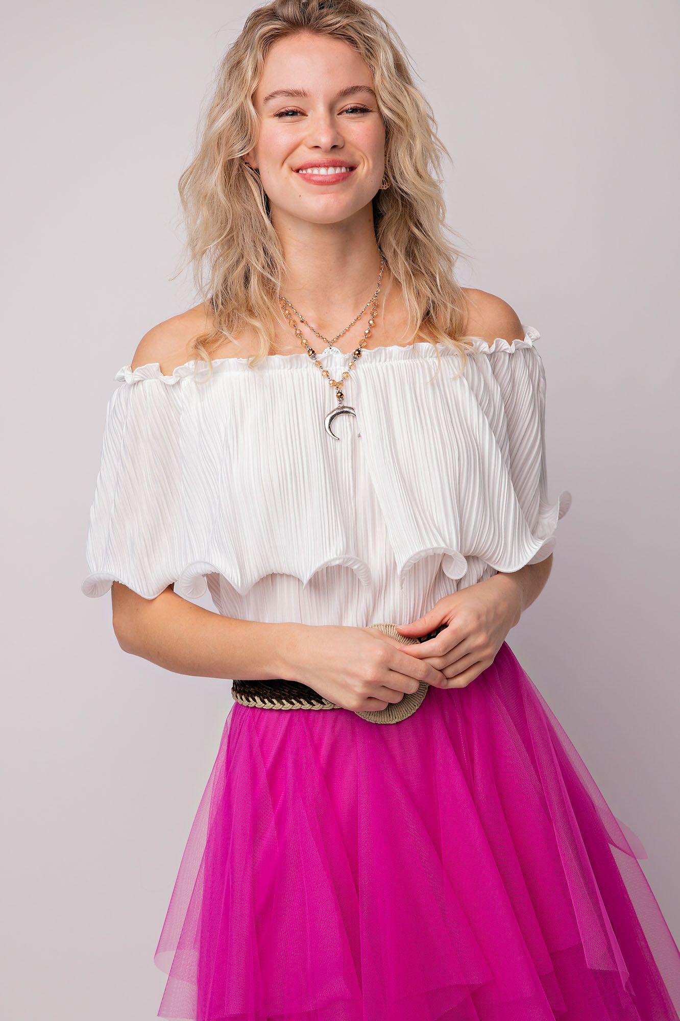 Easel Satin Pleated Off The Shoulder Layered Split Detail Tunic Top - Roulhac Fashion Boutique
