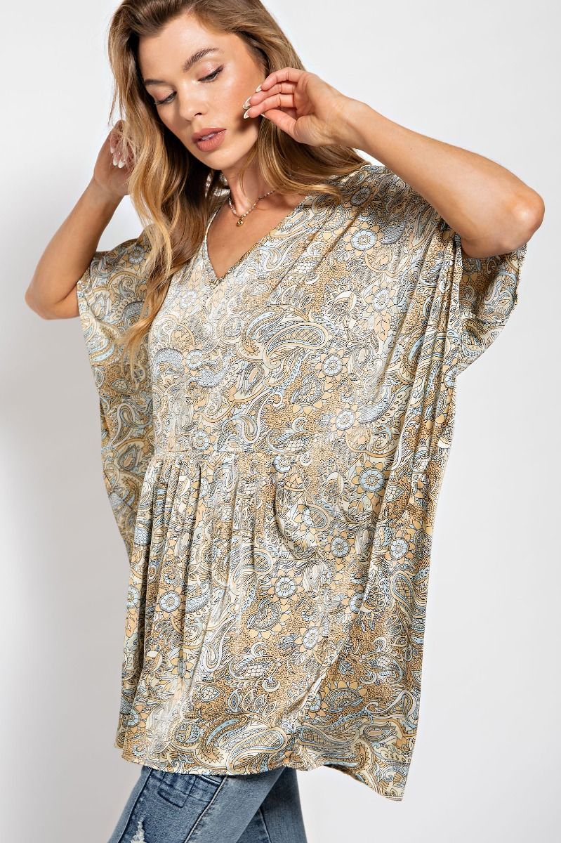 Easel Printed Satin Woven Boho Dolman Sleeves Pleated Loose Fit Top - Roulhac Fashion Boutique