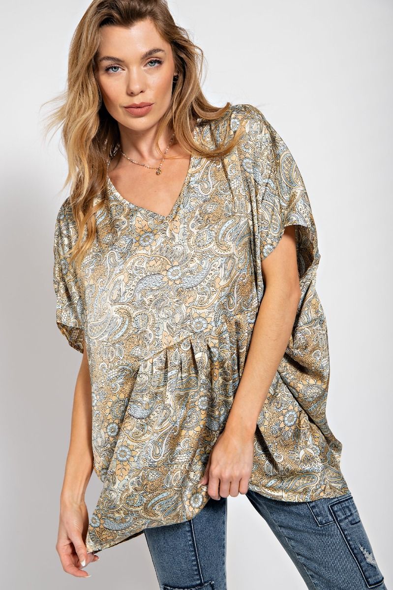 Easel Printed Satin Woven Boho Dolman Sleeves Pleated Loose Fit Top - Roulhac Fashion Boutique