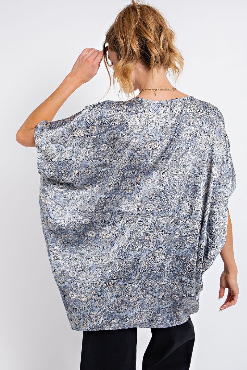 Easel Printed Satin Woven Boho Dolman Sleeves Pleated Loose Fit Top