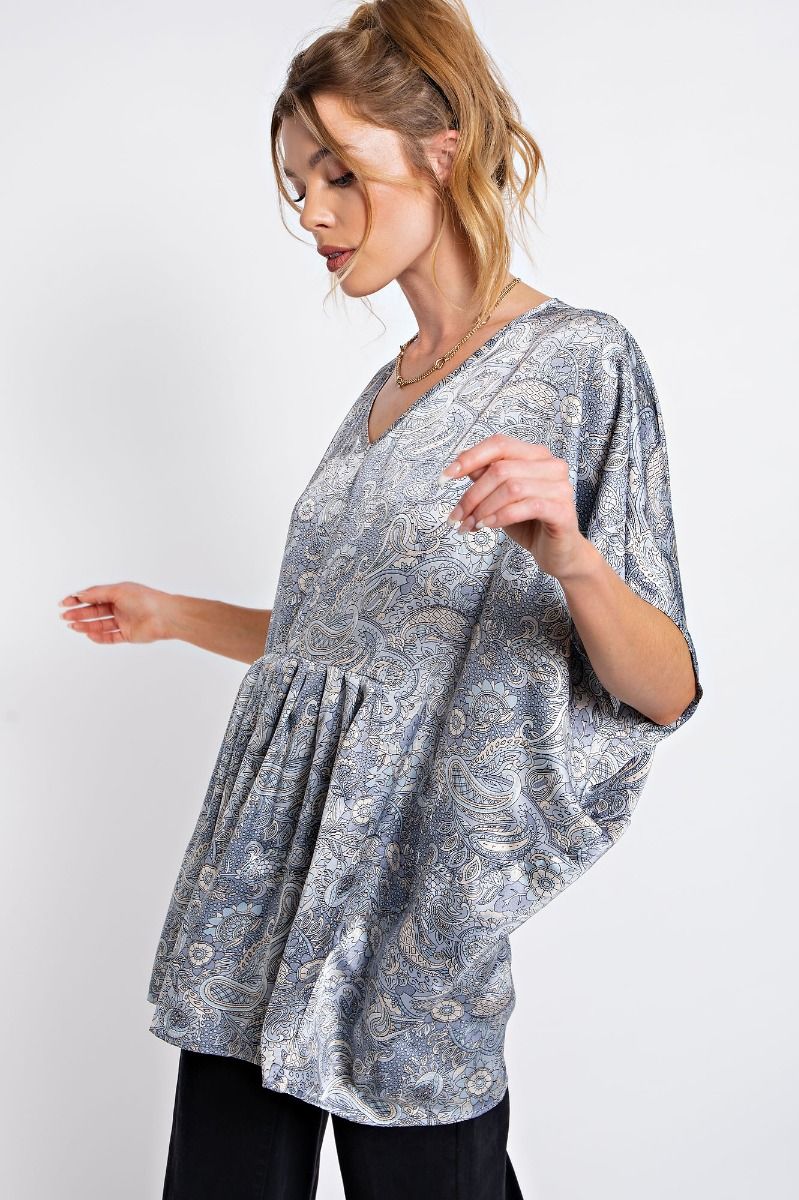 Easel Printed Satin Woven Boho Dolman Sleeves Pleated Loose Fit Top